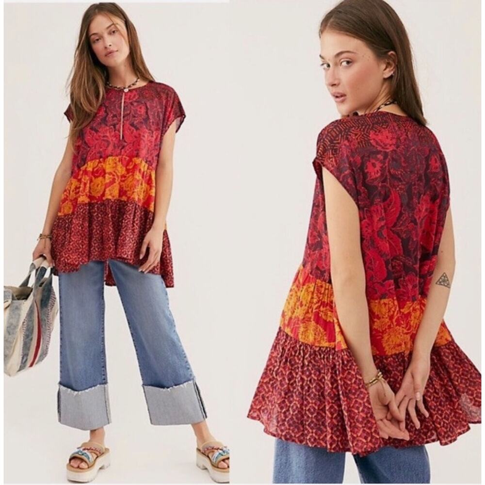 Free People Gotta Have You Top in Red XS Tunic Swing Boho